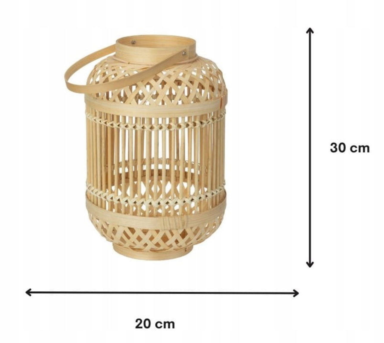 Beige bambuslykt med bærehank vist med mål, 30 cm høy og 20 cm bred