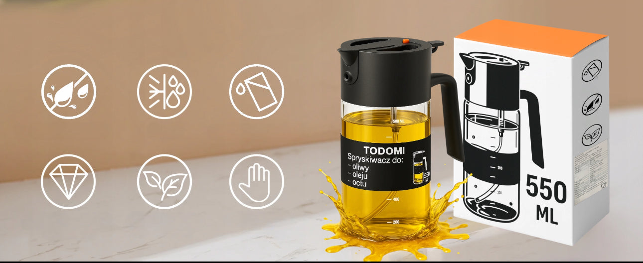 Glass oljespray 550ml plassert ved siden av emballasje med olje