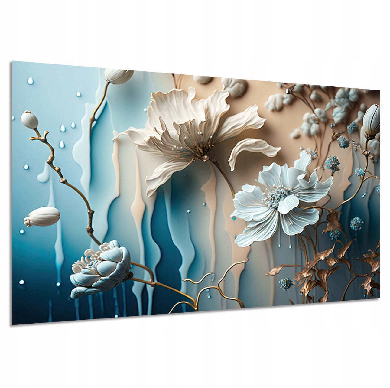 Moderne lerretsbilde med hvite blomster i blå og beige toner