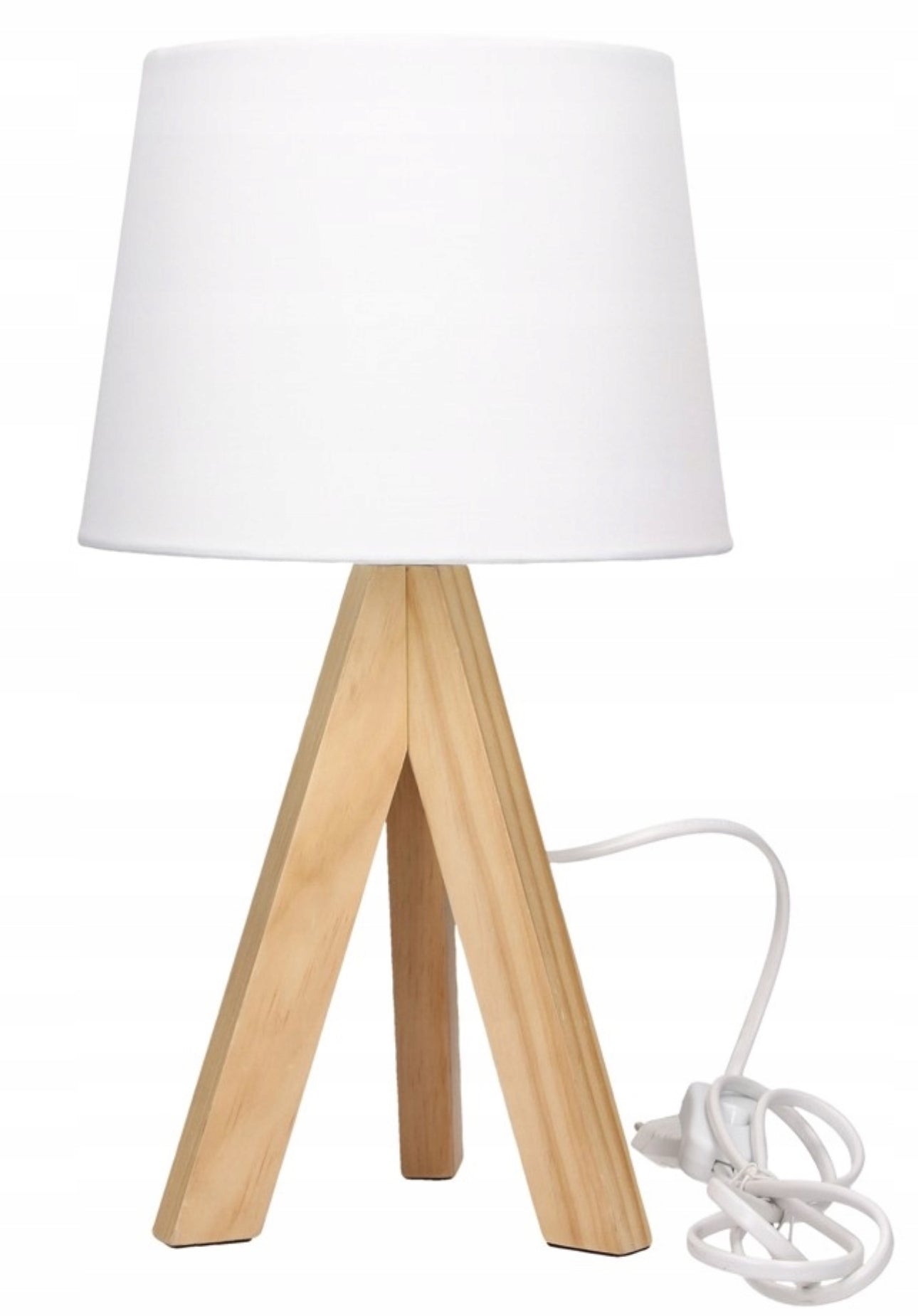 Moderne bordlampe i naturlig tre med hvit tekstilskjerm – høyde 35 cm, skjermdiameter 20 cm – stilren lampe til stue, soverom eller kontor – passer E14 LED-pære.