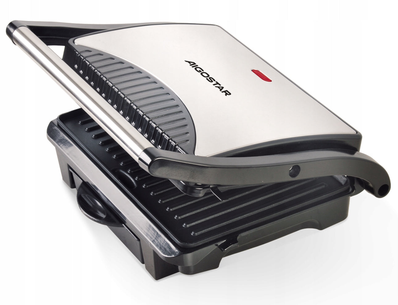 Lukket kontaktgrill i rustfritt stål med svart base og varmeindikator