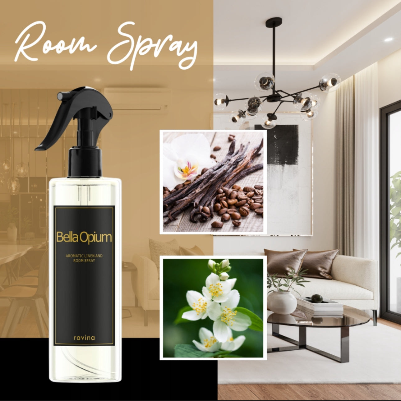 Bella Opium Aromatic Linen and Room Spray fra Ravina – en luksuriøs romspray med orientalske noter av jasmin, vanilje og patchouli, perfekt for å friske opp hjemmet og skape en eksklusiv atmosfære.