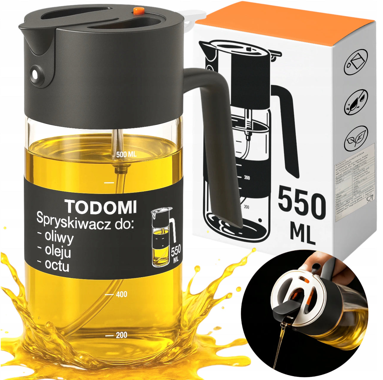 Glass oljespray 550ml med sort lokk og håndtak fylt med olje