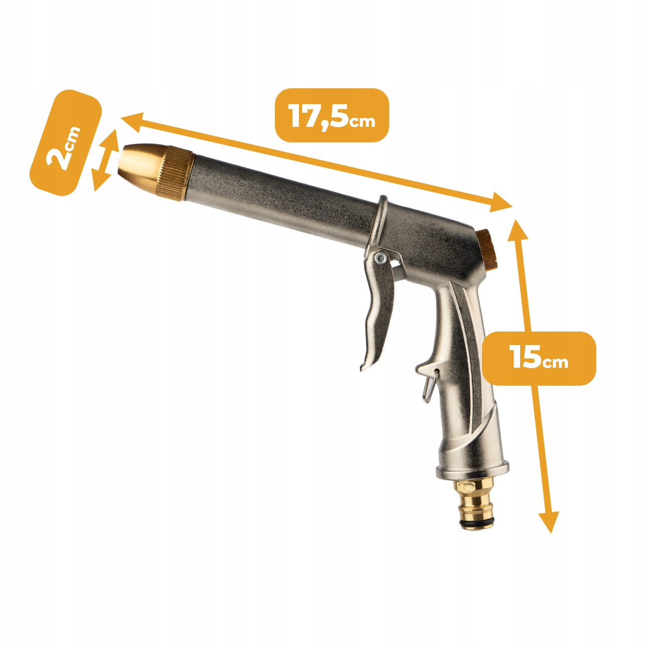 Justerbar metall hagesprøytepistol i sølv og gull, 17,5 x 15 cm, slitesterkt aluminium og ABS-plast, ergonomisk grep for vanning og rengjøring