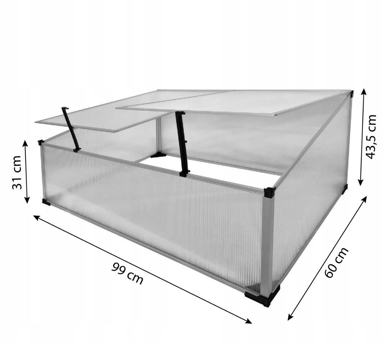 Kompakt polykarbonat drivhus med mål 99x60x43,5 cm, sett fra siden