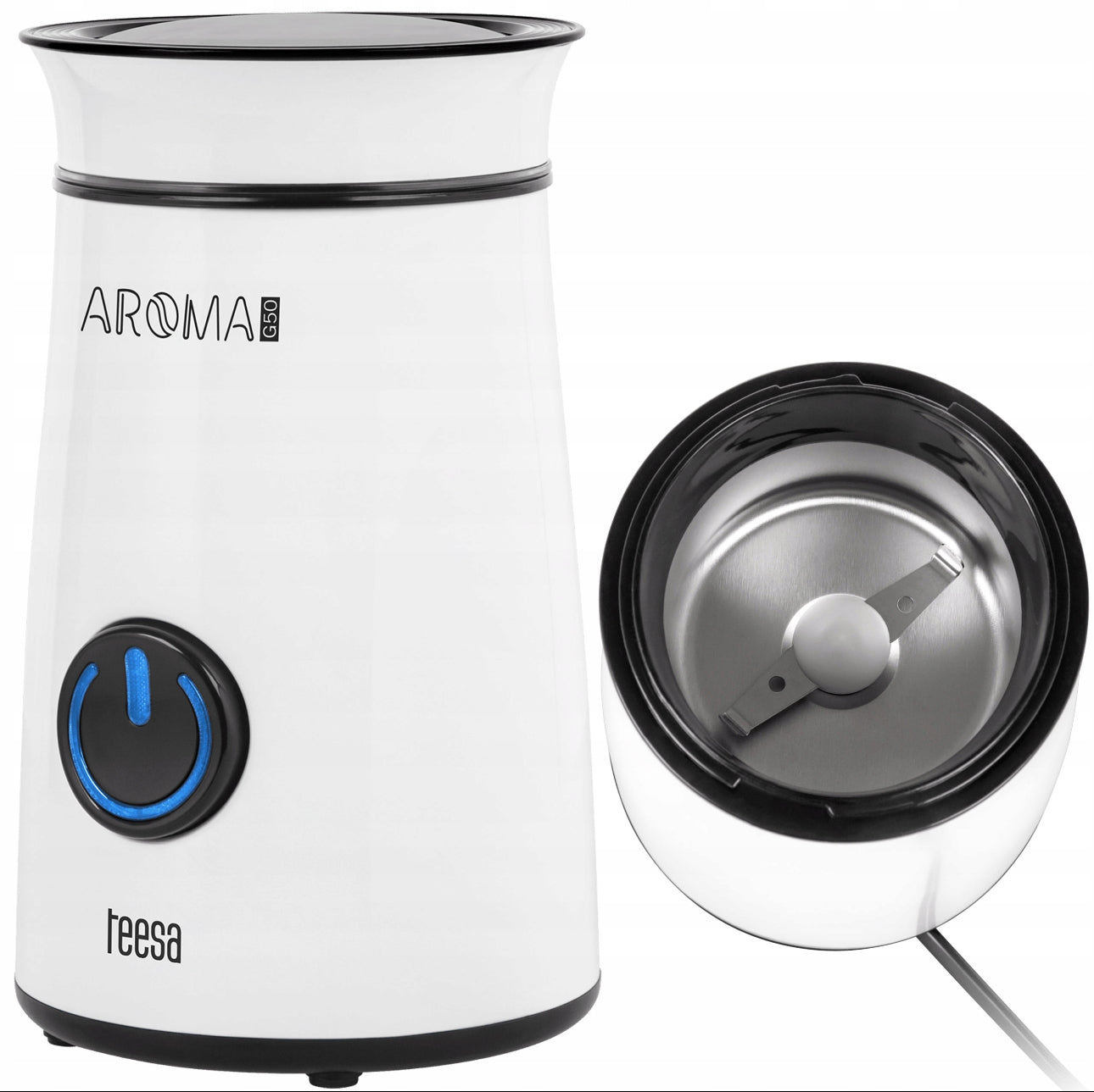 Kvernhus og kvernblad side om side, moderne hvit design med sort detaljer