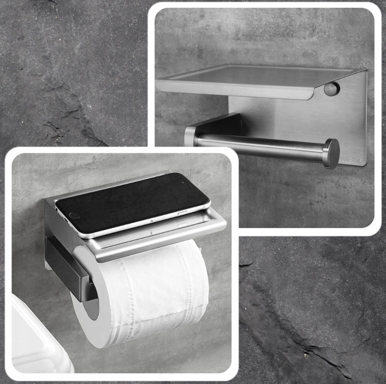 Veggmontert toalettrullholder i rustfritt stål med integrert hylle for mobiltelefon eller småting – moderne og funksjonell design for badet. Enkel montering og slitesterk finish som passer perfekt til alle badestiler.