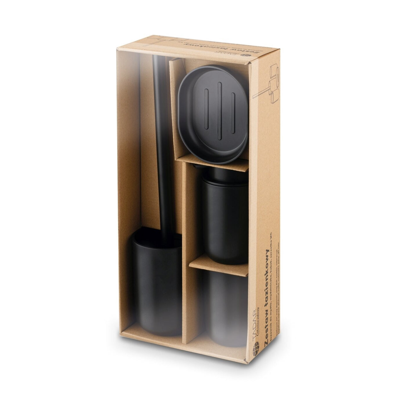 Stilrent svart baderomssett i matt finish med toalettbørste, såpedispenser, tannbørsteholder og såpeskål. Perfekt for et moderne og minimalistisk baderomsdesign.