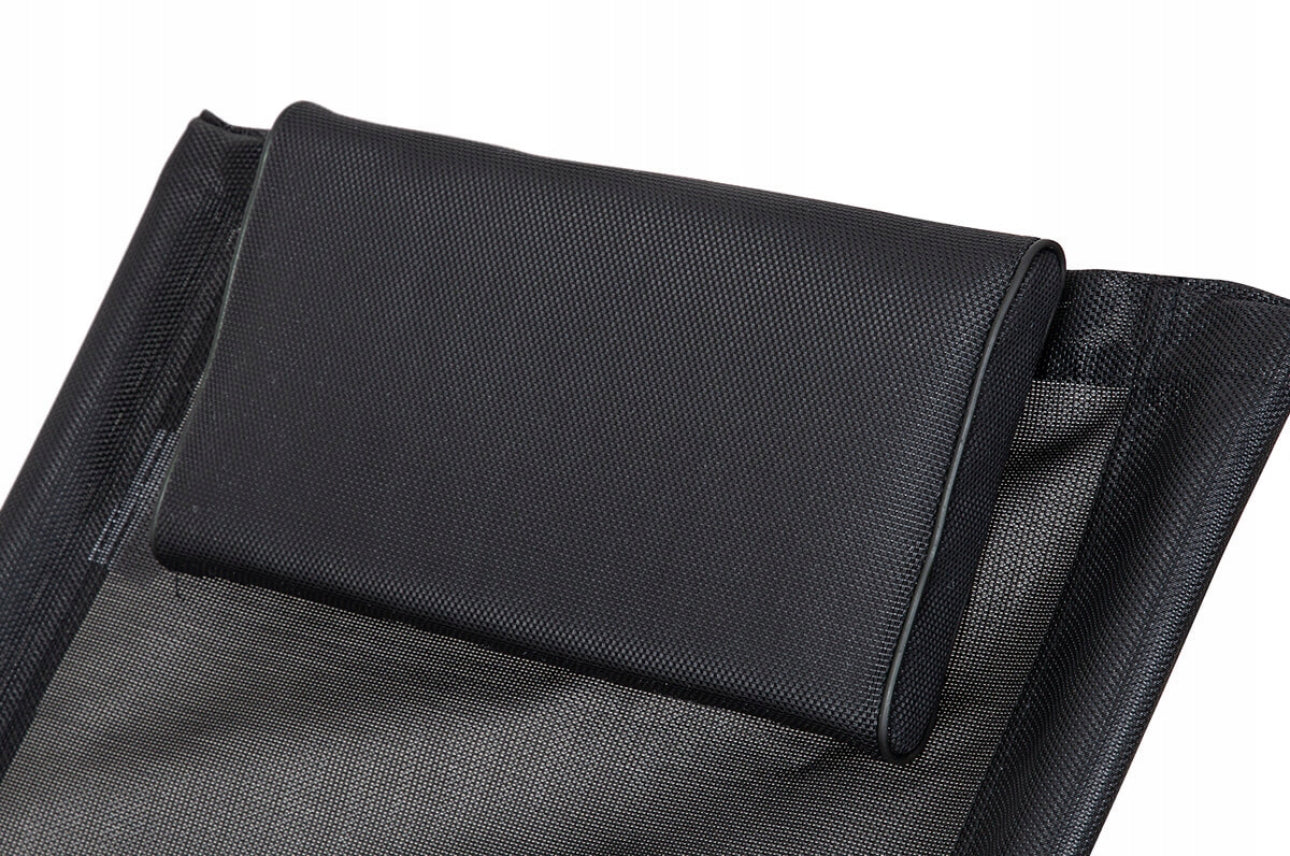 Svart sammenleggbar gyngestol i stål og pustende tekstil, 148x76x90 cm – komfortabel utestol med nakkestøtte for hage, terrasse og balkong