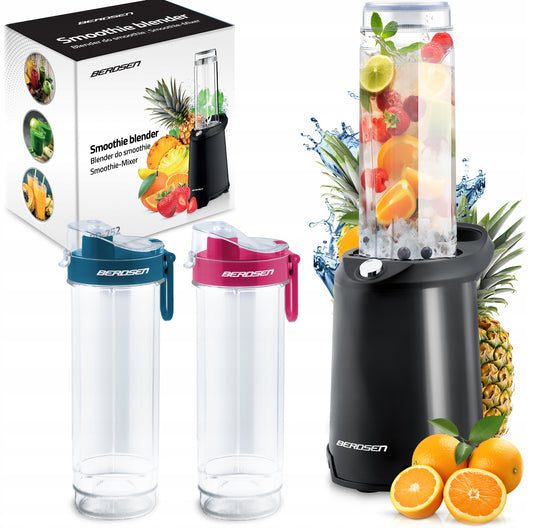 Sort smoothieblender med to drikkeflasker og fersk frukt rundt