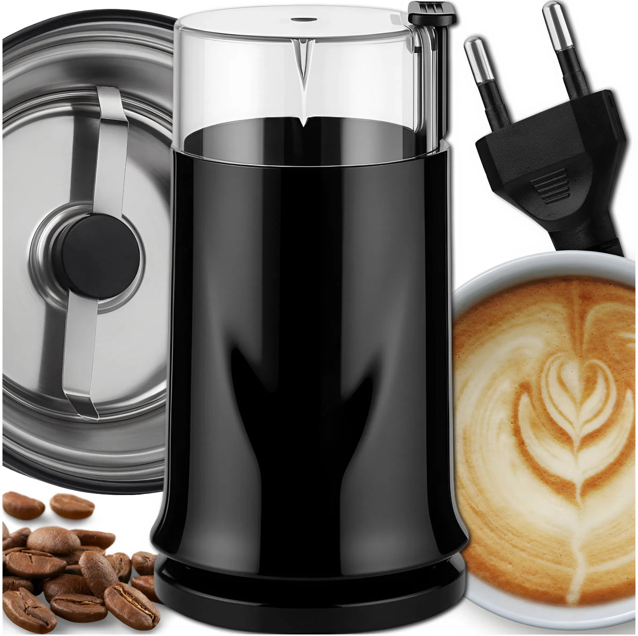 Sort elektrisk kaffekvern med stålblad og strømplugg ved siden av kaffekopp
