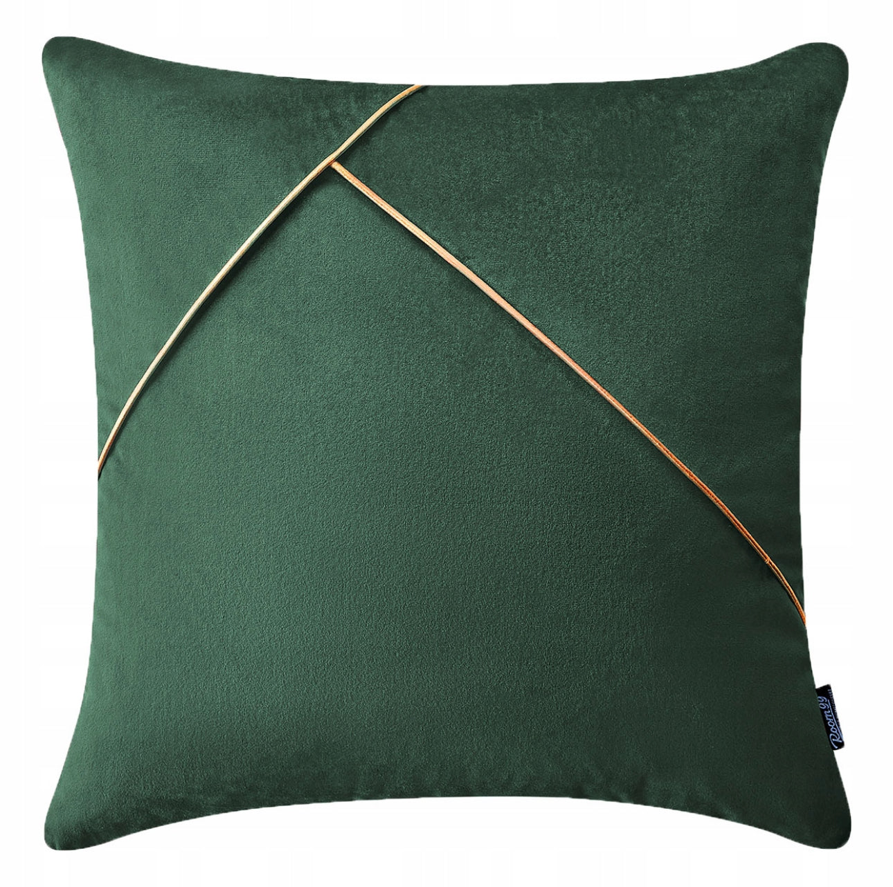 Grønn velurpute med diskret gullstripe, moderne og elegant design