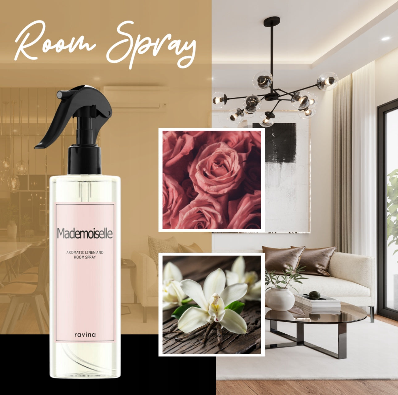 Aromatisk romspray Ravina Mademoiselle i en elegant flaske med spraydyse, perfekt for å friske opp hjemmet, sengetøy og tekstiler. Duftnoter av blomster, vanilje og orientalske toner gir en luksuriøs atmosfære.