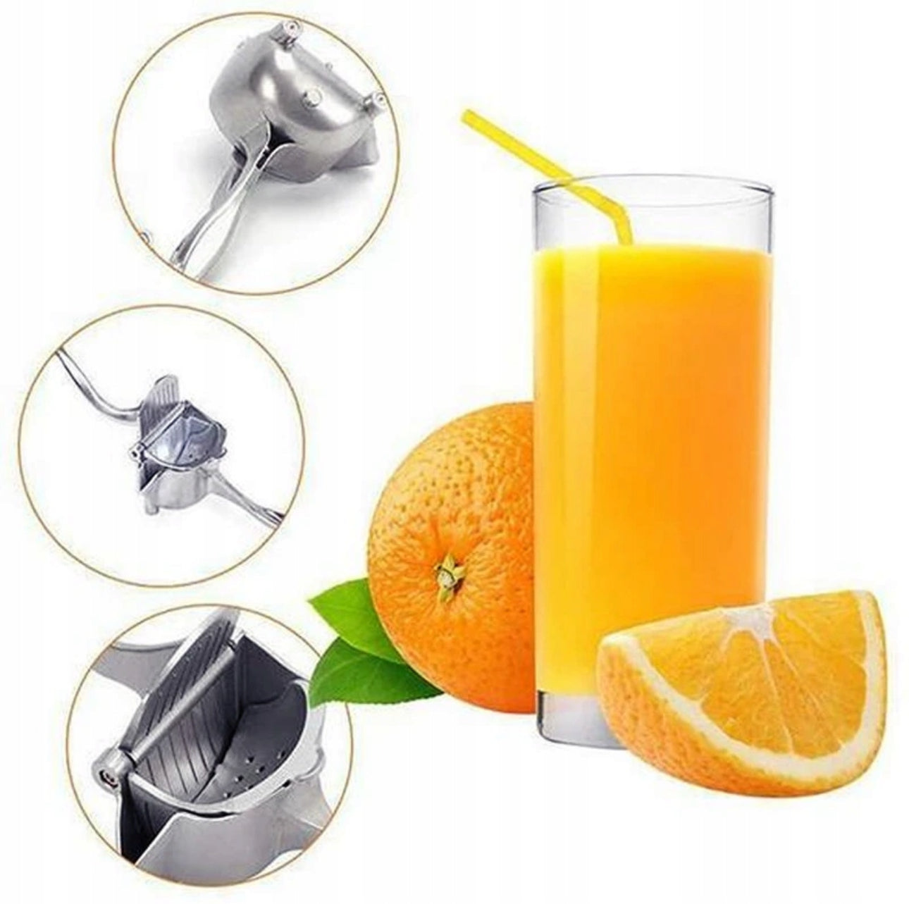 Glass med appelsinjuice og hel appelsin ved siden av detaljbilder av metallisk sitronpresse i sølvfarge.