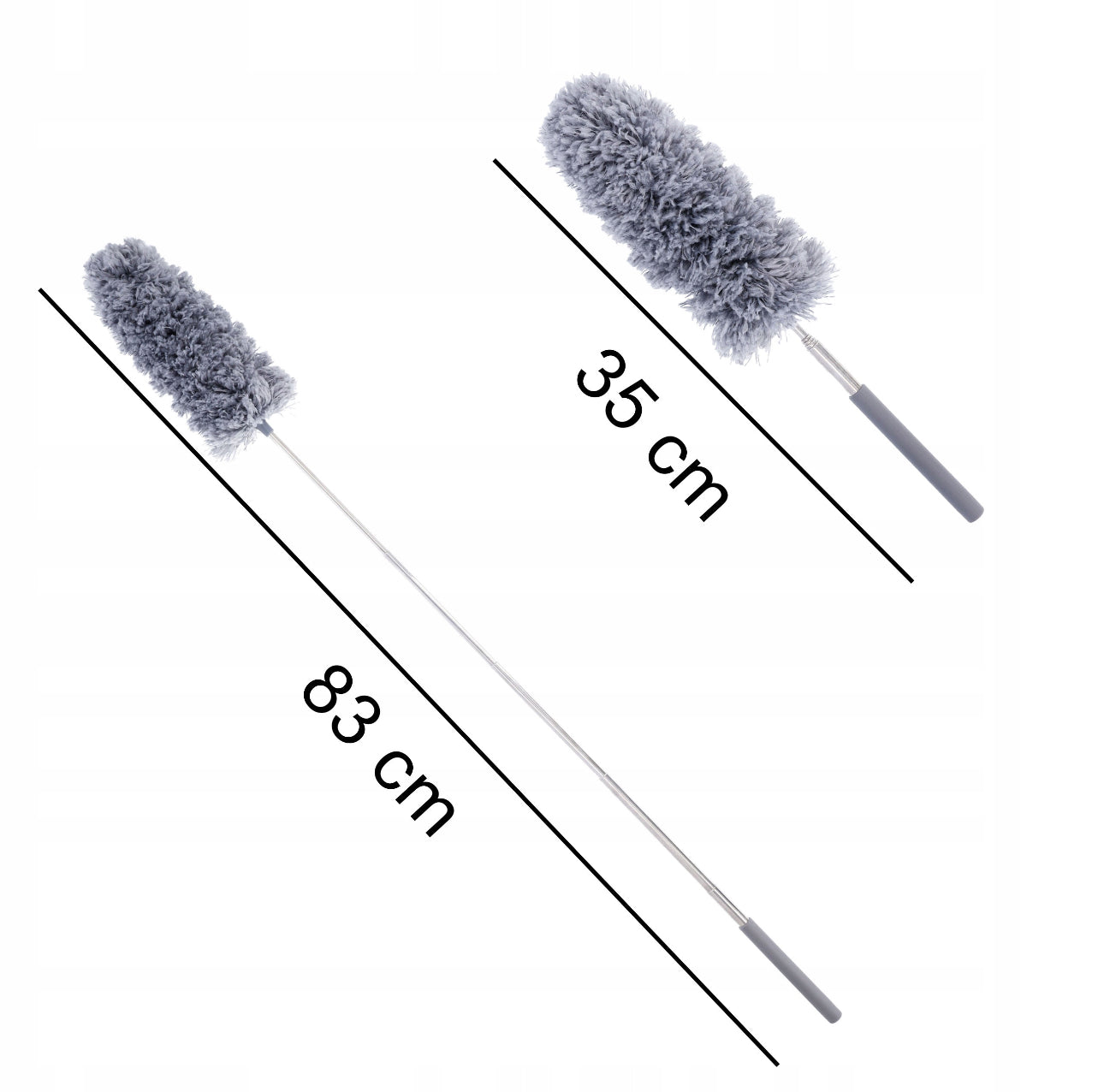 Justerbar støvkost med målangivelser 35 cm og 83 cm