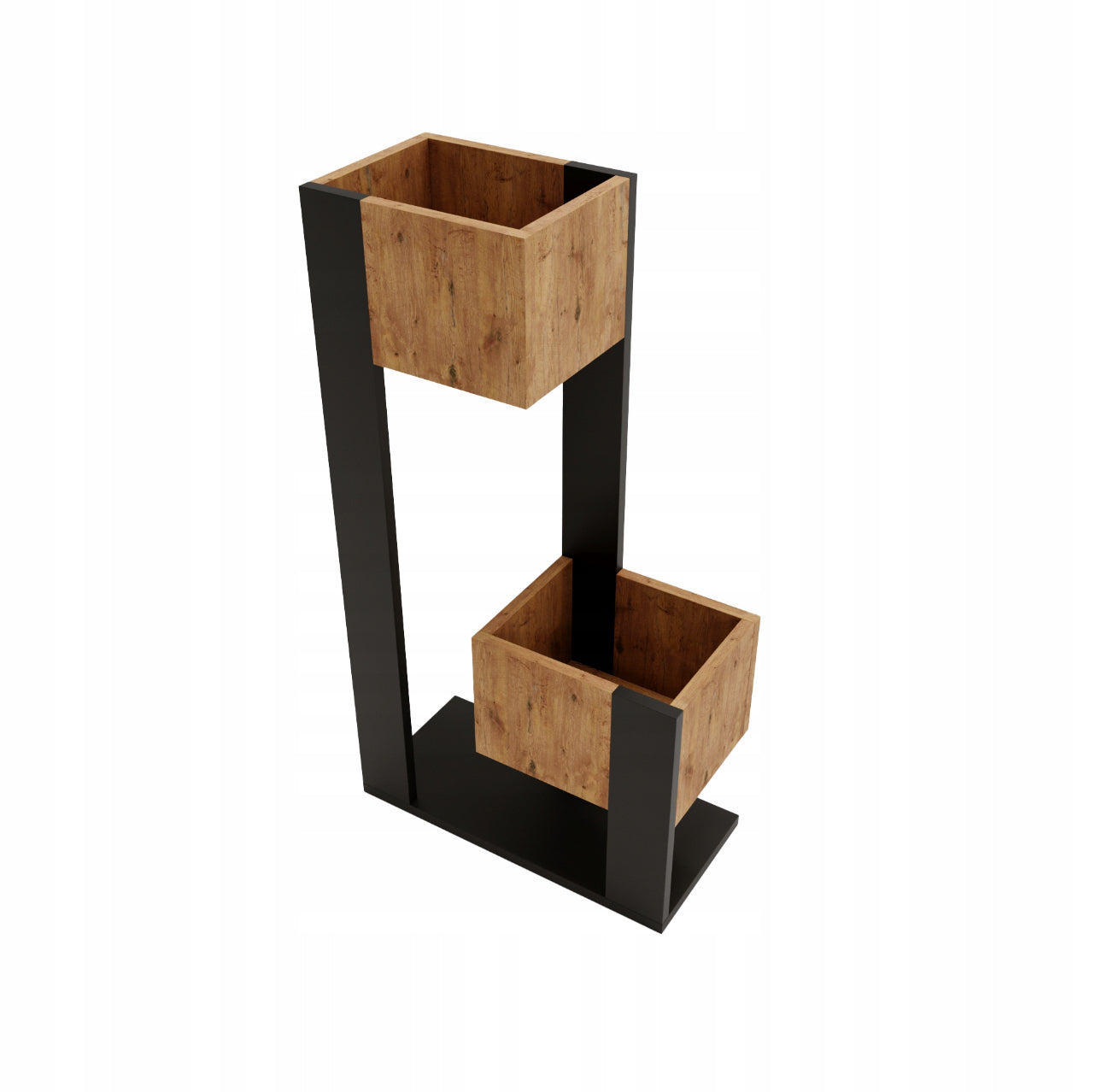 Stilrent blomsterstativ i svart tre og eikefarget tre, med to åpne plantekasser i geometrisk design.