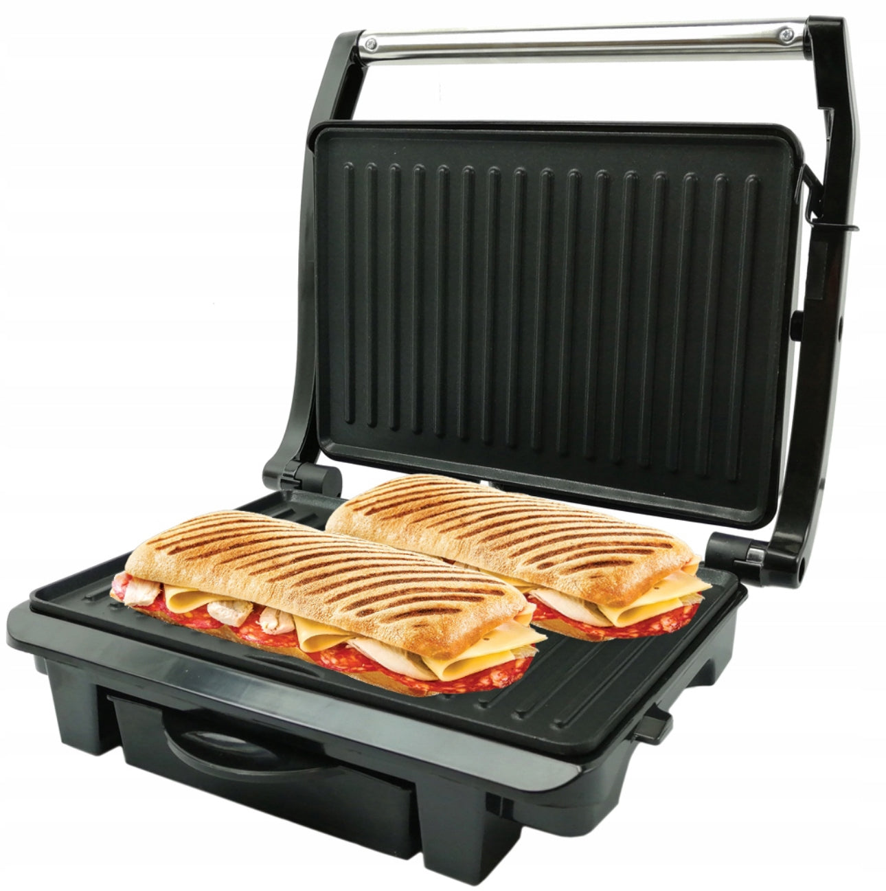 Åpen kontaktgrill med to grillet paninier på non-stick varmeplate