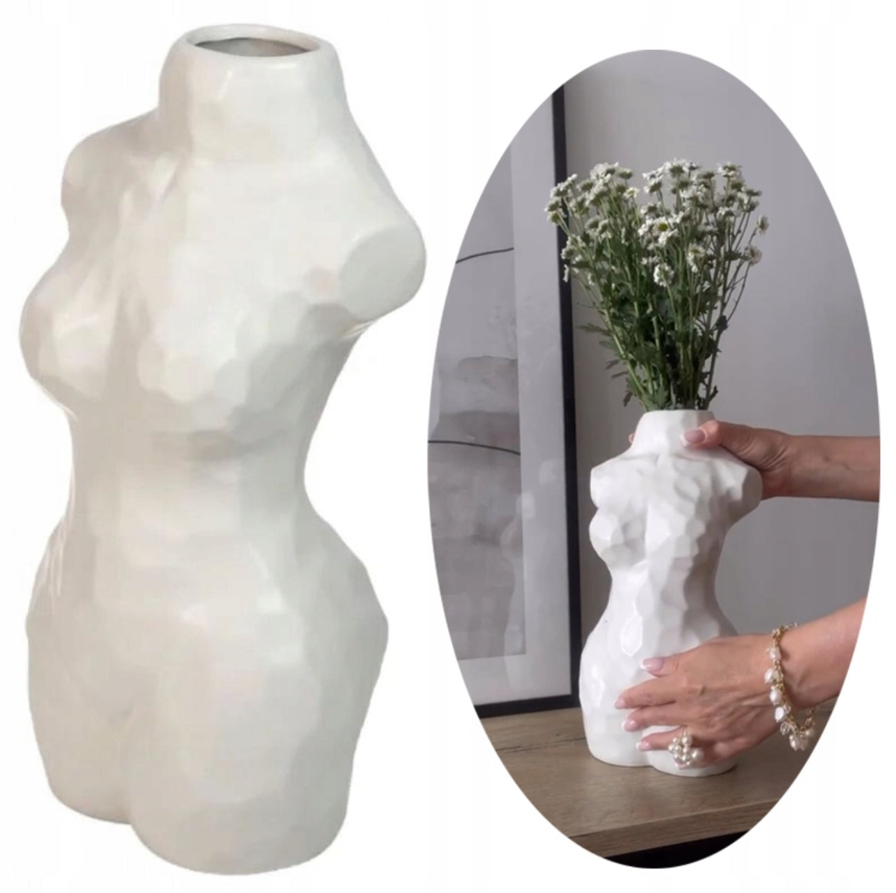 Interiørdetalj med hvit kroppsvase og tørkede blomster