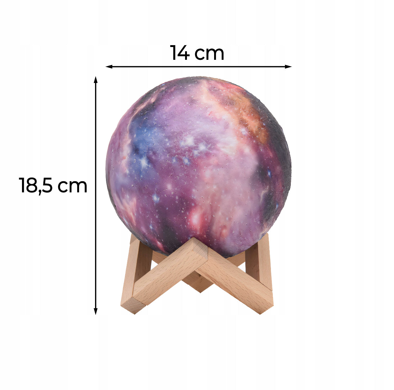 3D månelampe i galaksefarger med mål 18,5 x 14 cm på trestativ