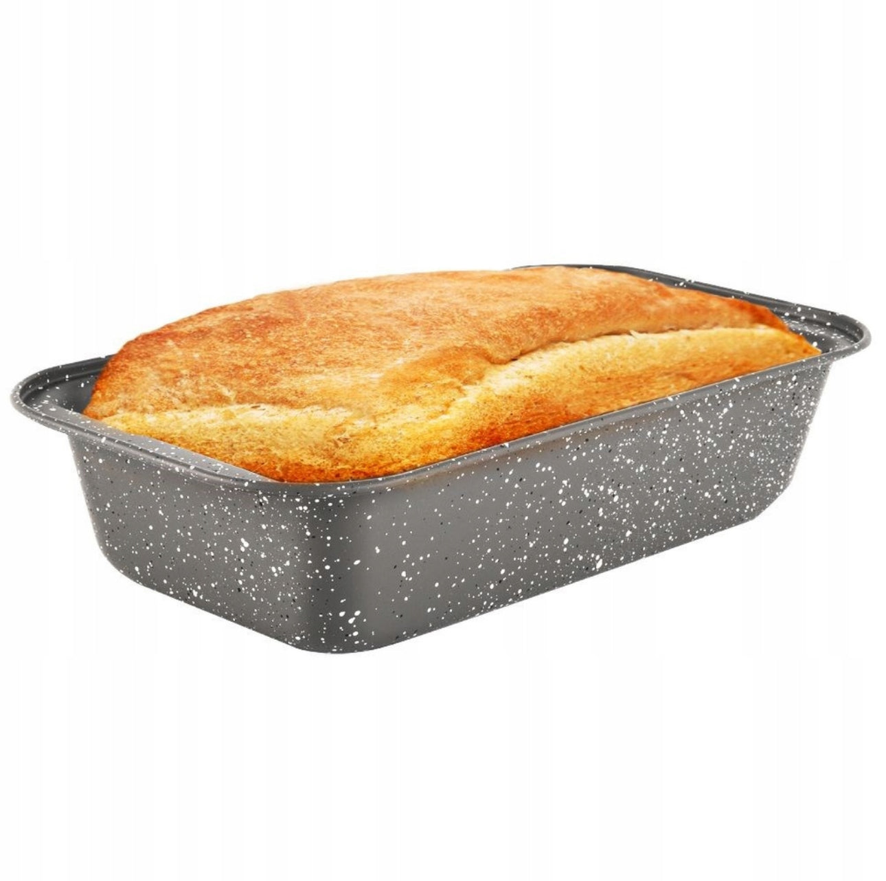Rektangulær grå bakeform med granittbelegg og ferdigstekt brød