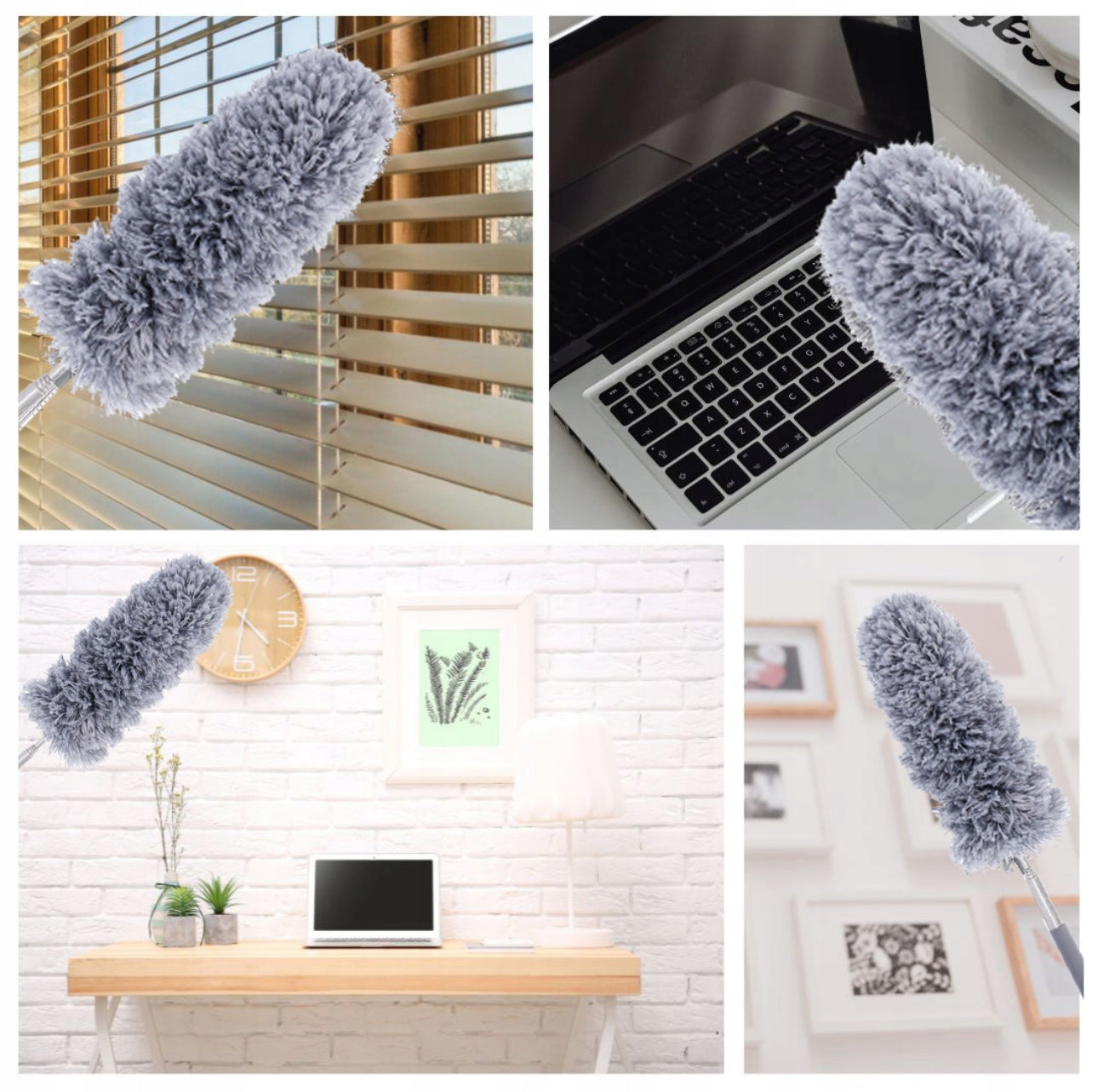 Grå mikrofiber støvkost rengjør persienner, tastatur og bilderamme