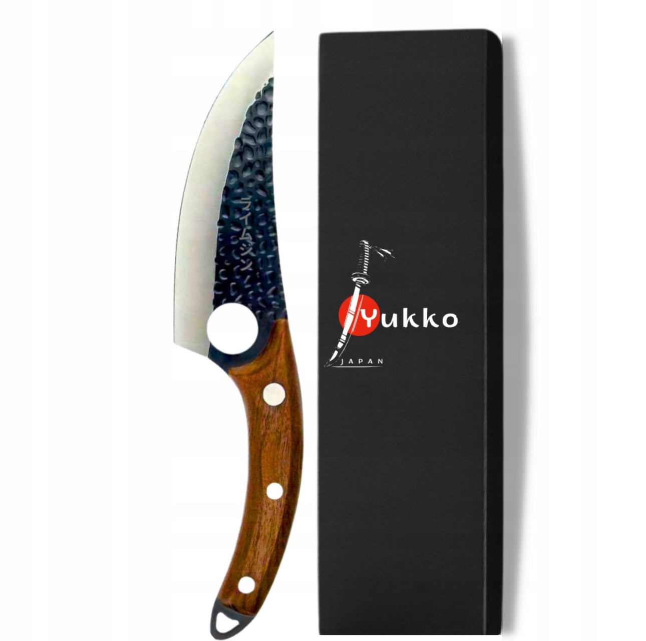 Japansk kokkekniv med hamret stålblad og trehåndtak i gaveeske med Yukko-logo