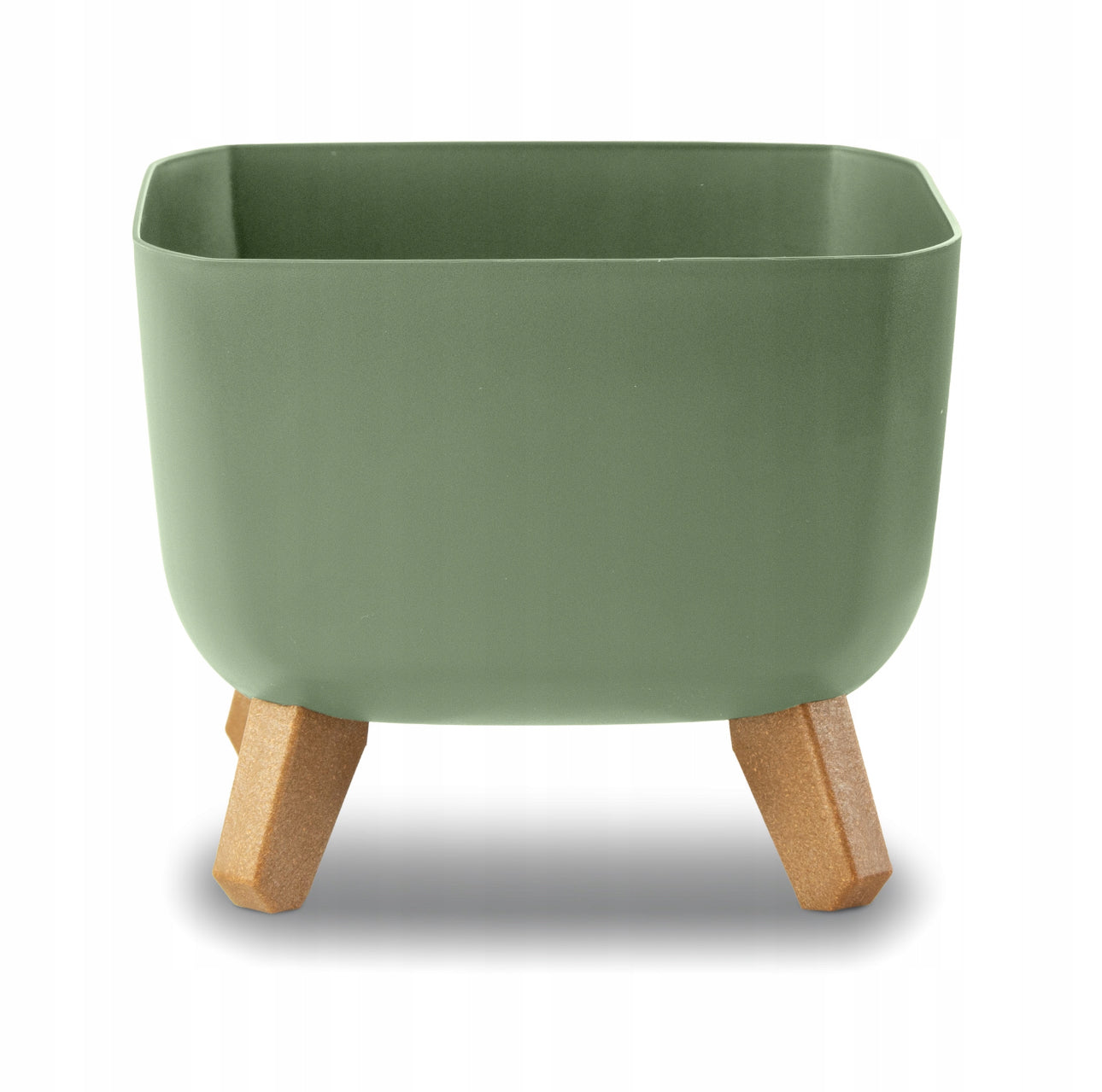 Grønn blomsterpotte på ben i treimitasjon, 24x24x18,7 cm, laget av slitesterk plast med innebygd dreneringssystem – ideell til både innendørs og utendørs bruk.