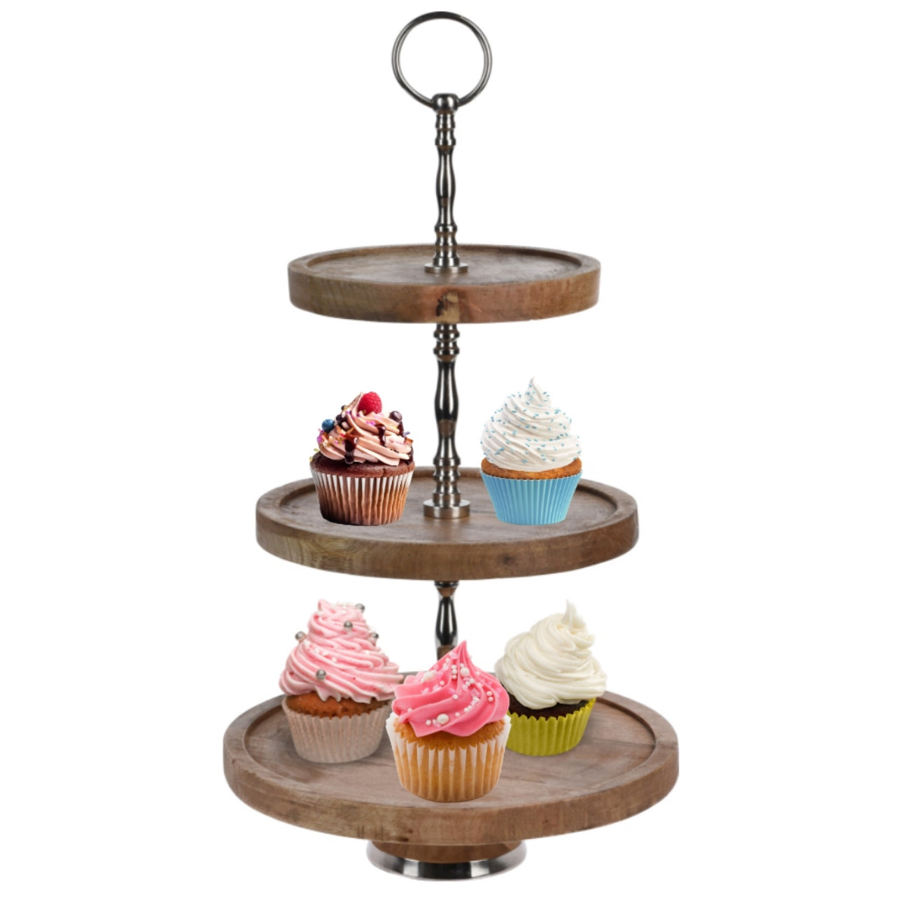 Treetasjes serveringsfat i naturlig tre med metallhåndtak, plassert på kjøkkenbenk med cupcakes i ulike farger