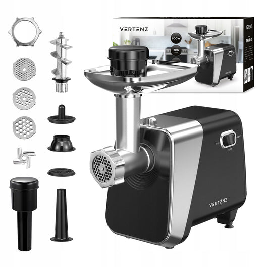 Elektrisk kjøttkvern i svart og sølv med tilbehør for kjøtt og grønnsaker
