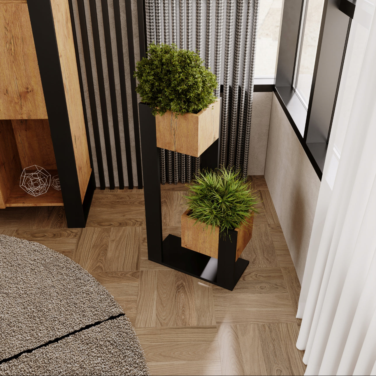 Elegant planteholder i svart treramme med treinnsatser, dekorert med grønne planter i moderne stue.