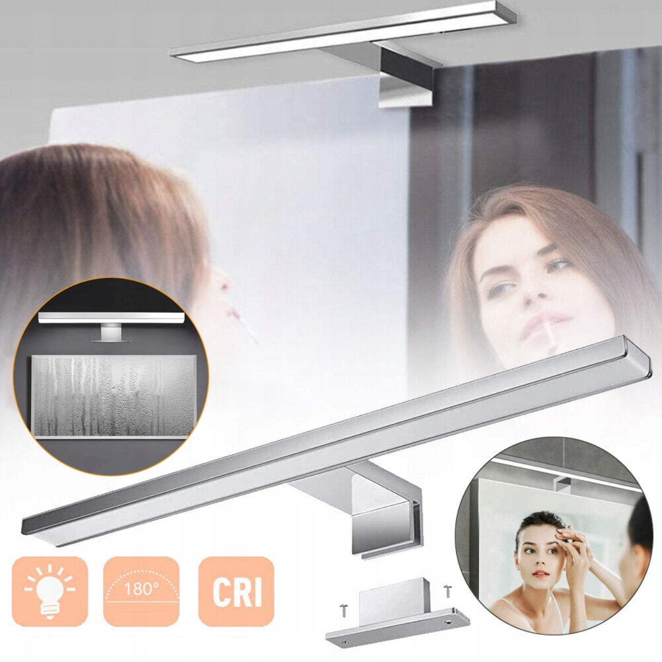 Vanntett LED speillampe 60 cm i kromdesign for bad, med naturlig hvitt lys (6000K), energiklasse A, og IP44-klassifisering – ideell for baderomsspeil og sminkebelysning.