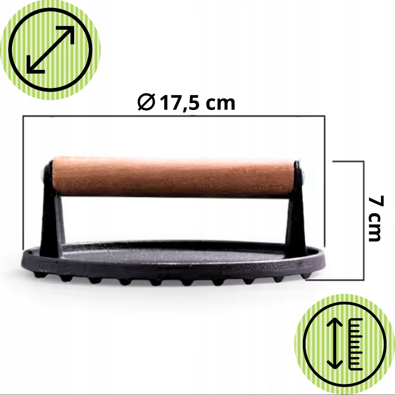 Støpejernspresse med trehåndtak, diameter 17,5 cm og høyde 7 cm vises med målangivelse