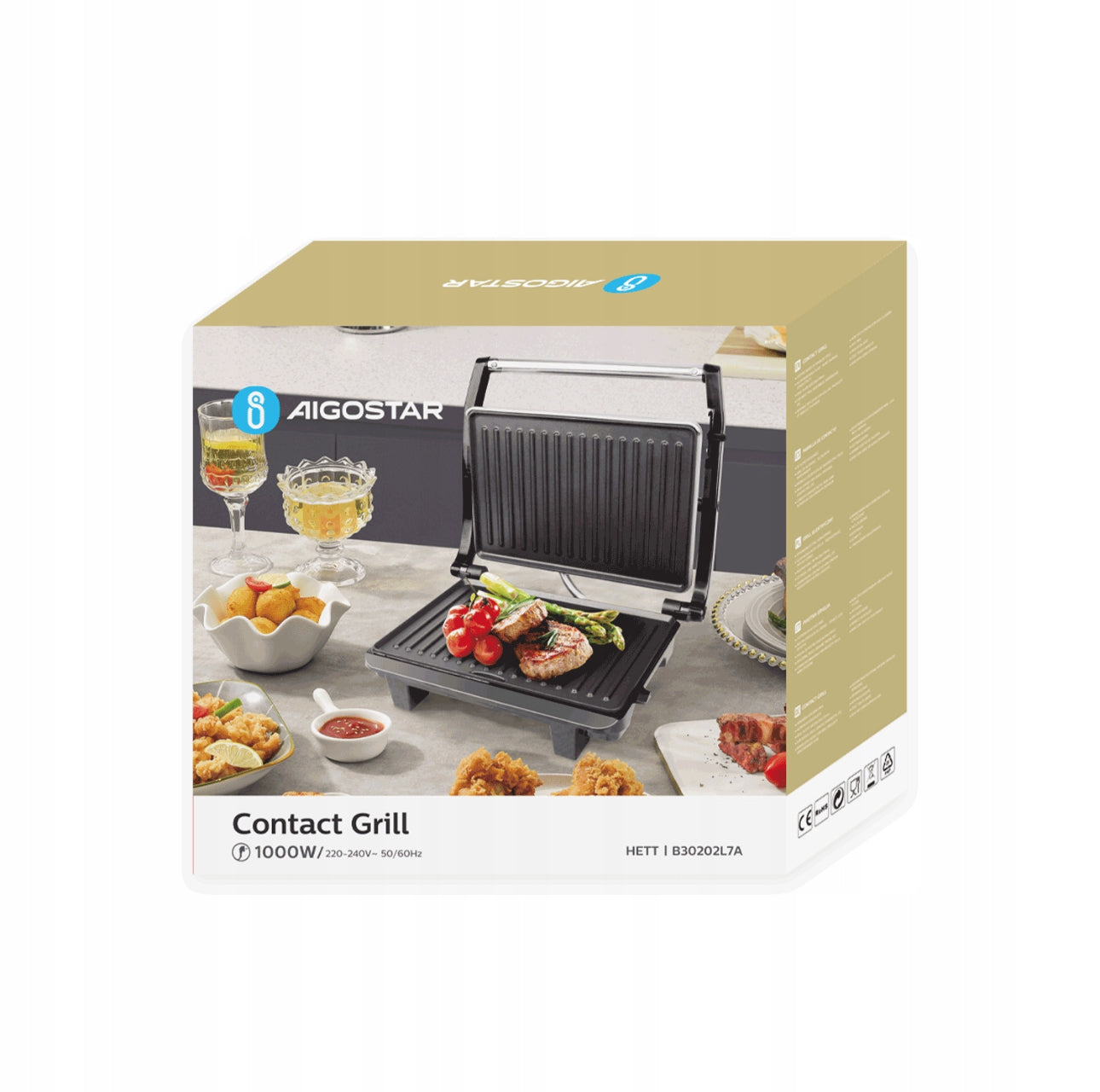 Produkteske med elektrisk kontaktgrill, omgitt av serverte retter og tilbehør