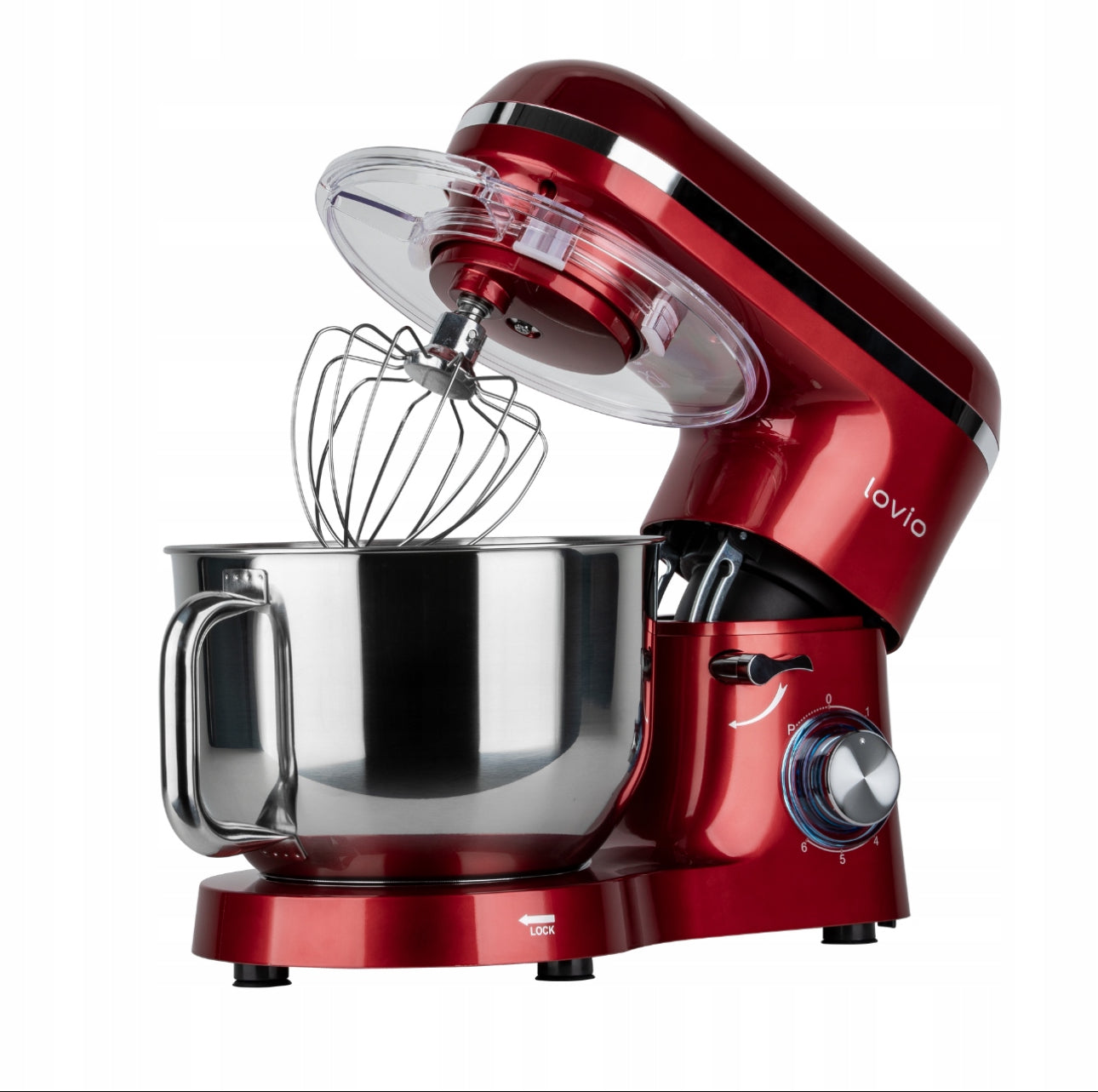 Nærbilde av kjøkkenmaskin med åpen topp og ballongvisp montert