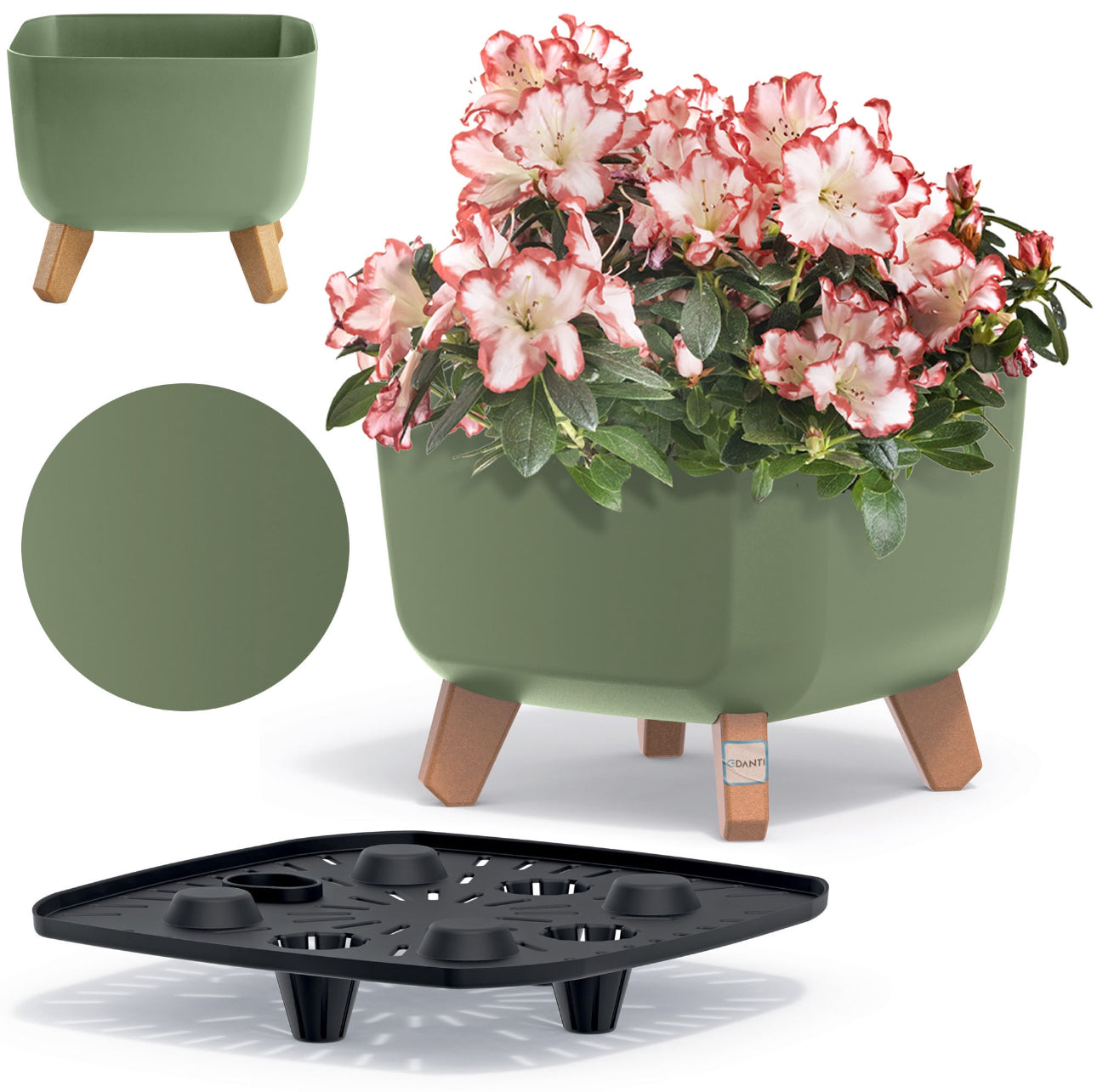 Grønn blomsterpotte på ben i treimitasjon, 24x24x18,7 cm, laget av slitesterk plast med innebygd dreneringssystem – ideell til både innendørs og utendørs bruk.