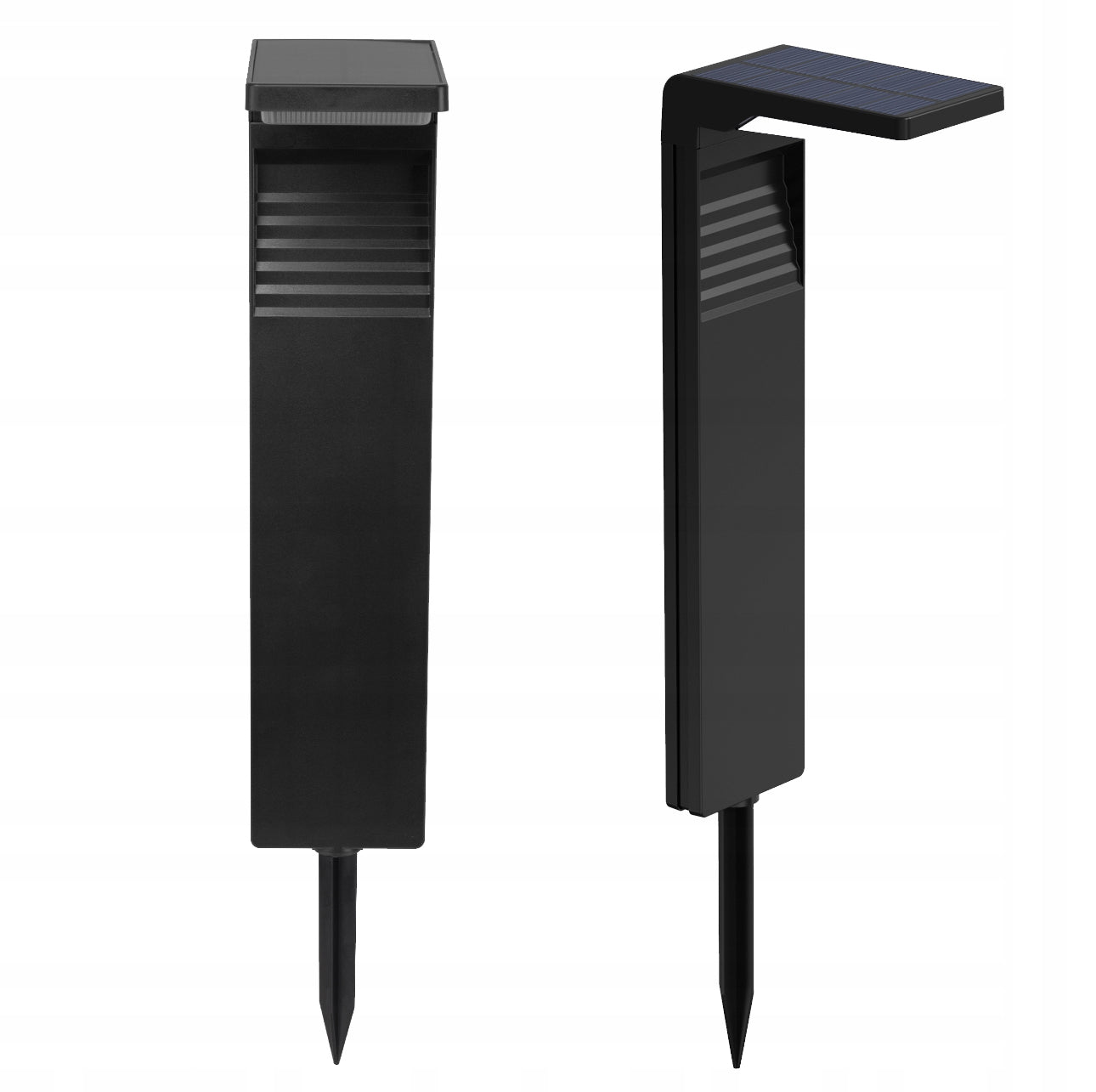 To moderne svarte solcelle hagelamper med slankt design, front- og sidevisning.