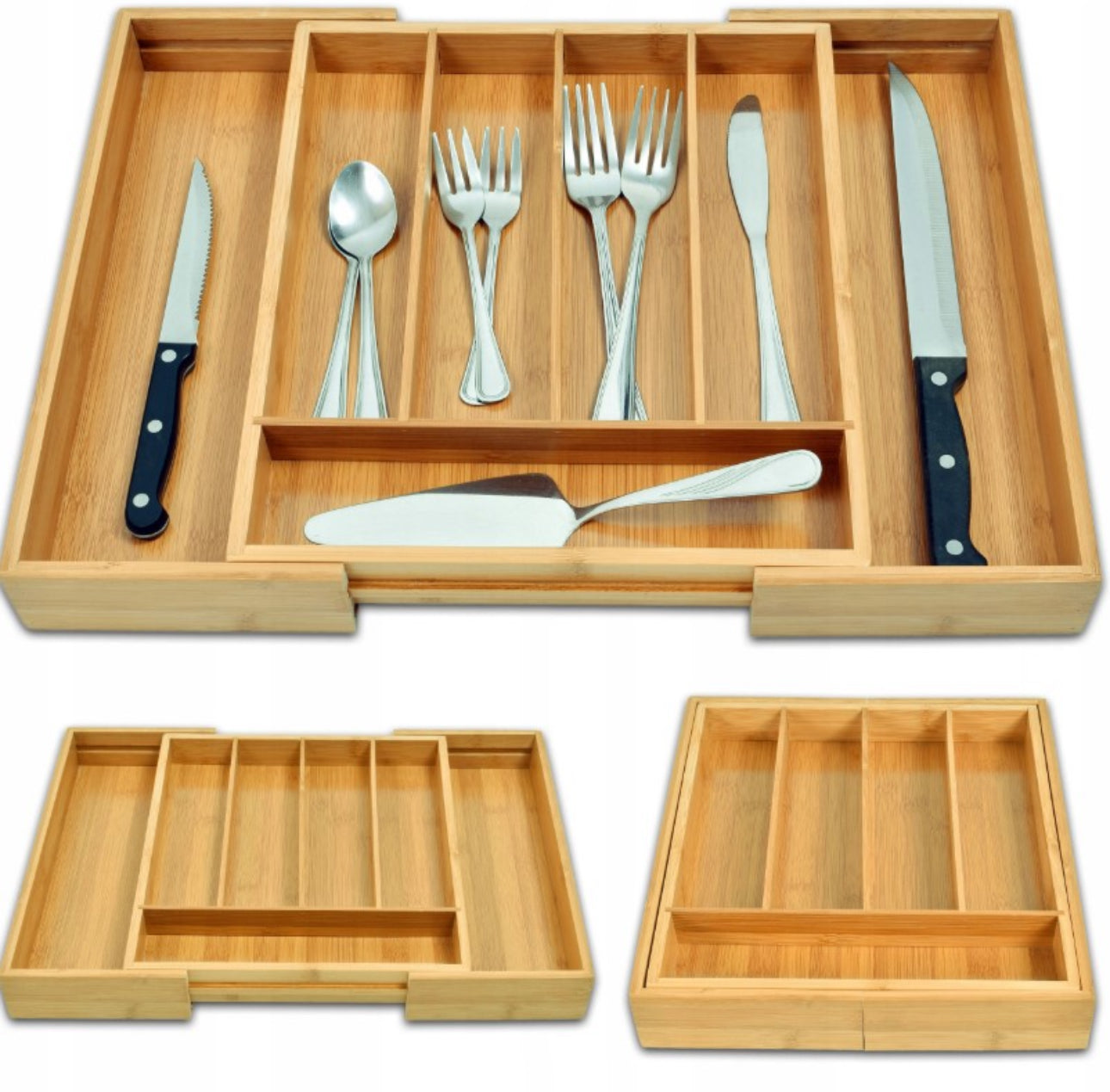 Bambus bestikkorganizer med flere rom fylt med kniver, gafler og skjeer
