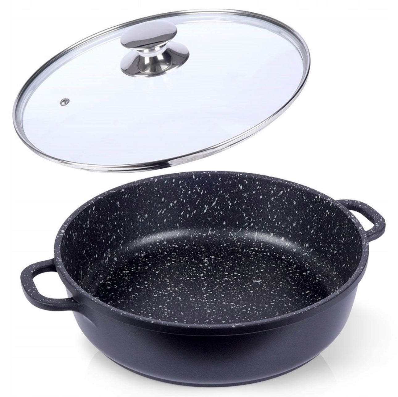 Non-stick gryte i granittstil med lokk løftet av, sett rett forfra