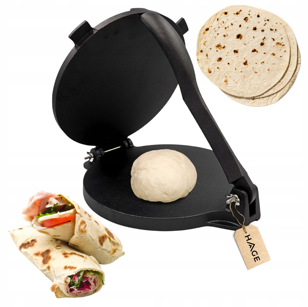 Sort støpejernspresse med deigklump klar til pressing, omgitt av ferske tortillalefser og wraps