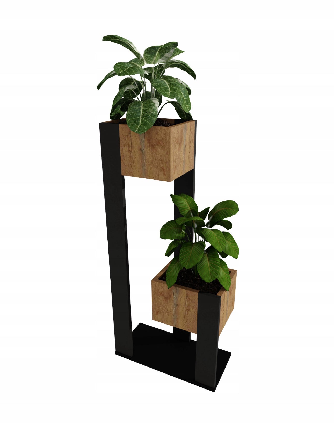 Frittstående blomsterstativ med to treplantekasser i svart treramme, dekorert med grønne inneplanter.