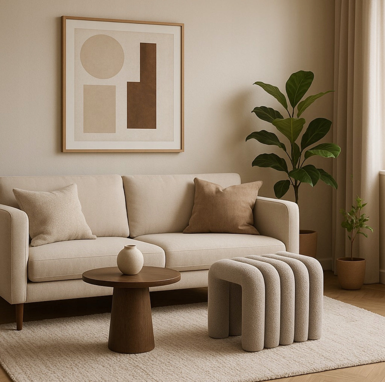 Bouclé puff i moderne stue med beige sofa og trebord