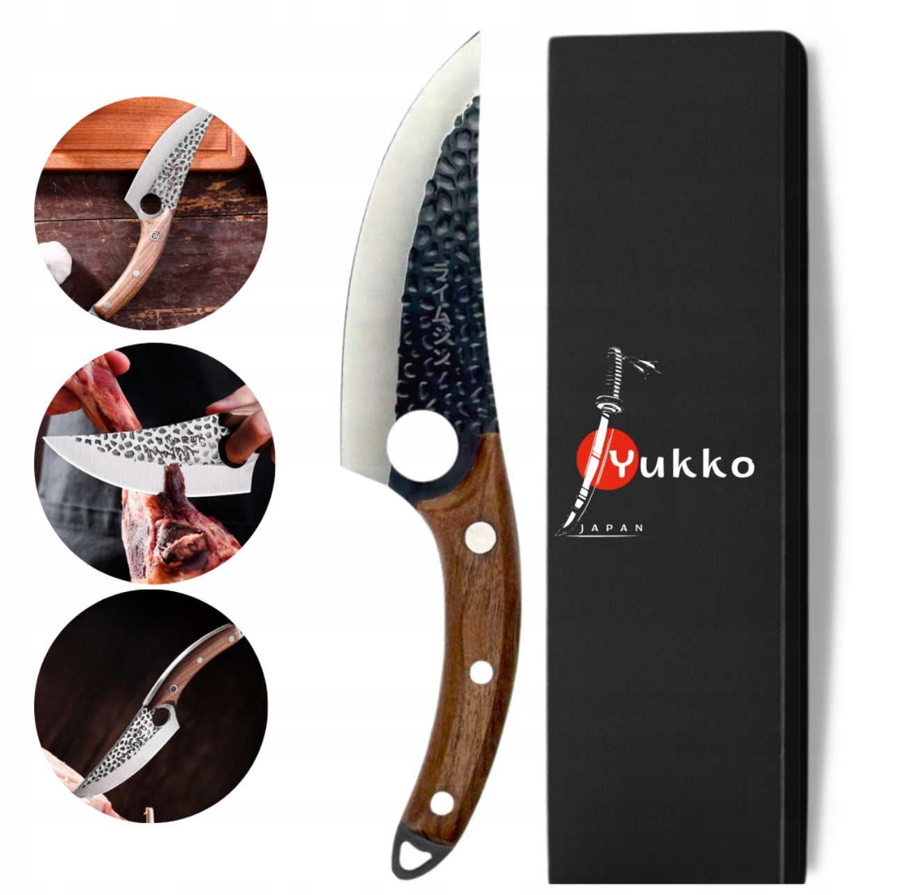 Japansk kokkekniv med hamret stålblad og trehåndtak i bruk til skjæring av kjøtt