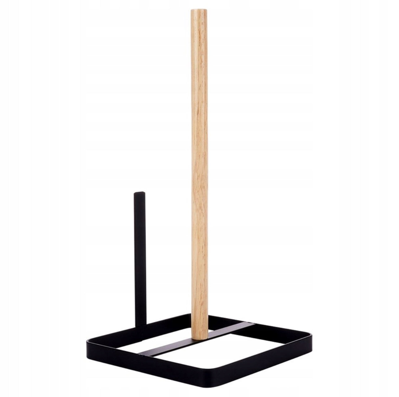 Minimalistisk kjøkkenpapirholder i matt svart metall og naturlig tre