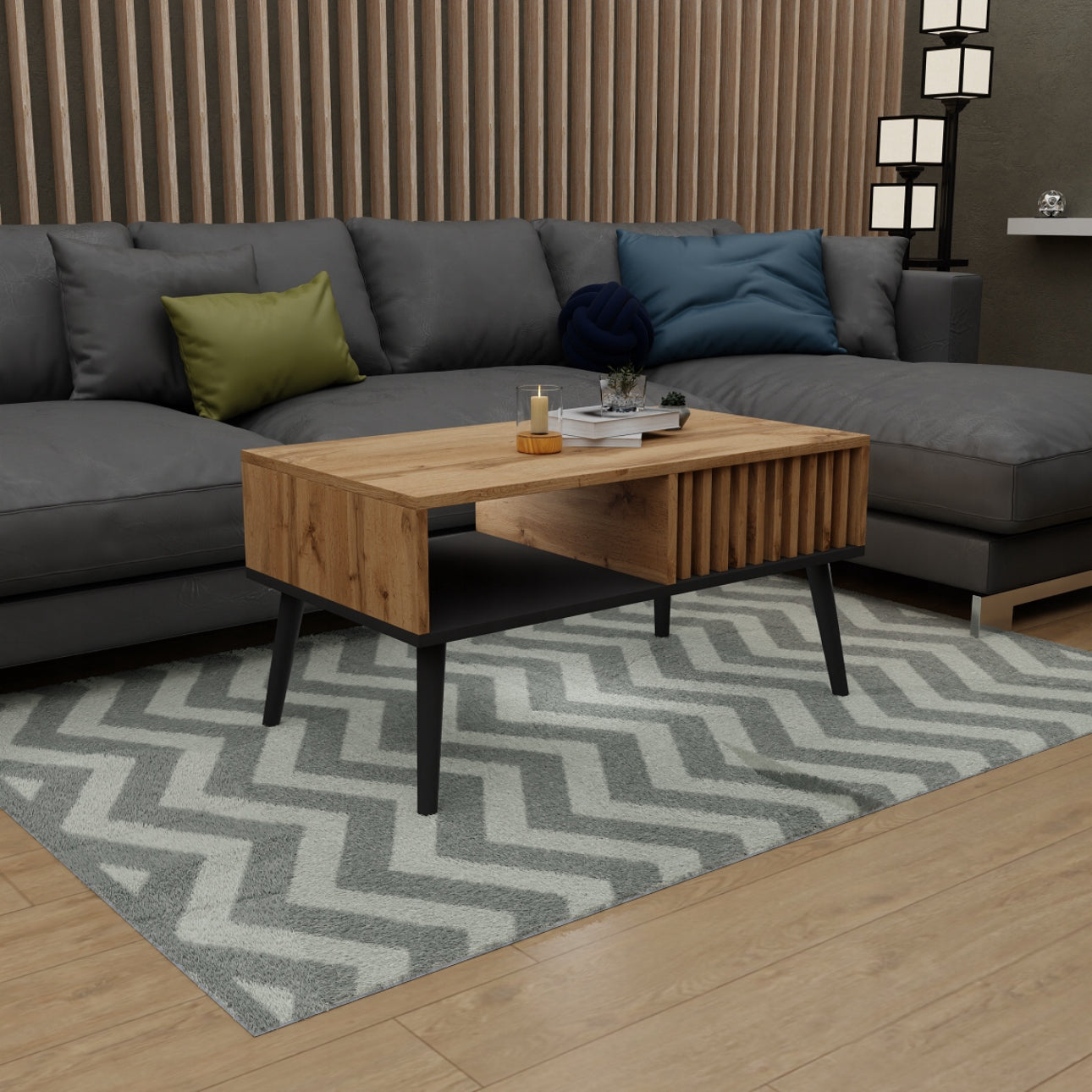 Skandinavisk sofabord i eikefiner og sort, 90x50x43 cm – moderne design med oppbevaringshylle og lamelldetaljer
