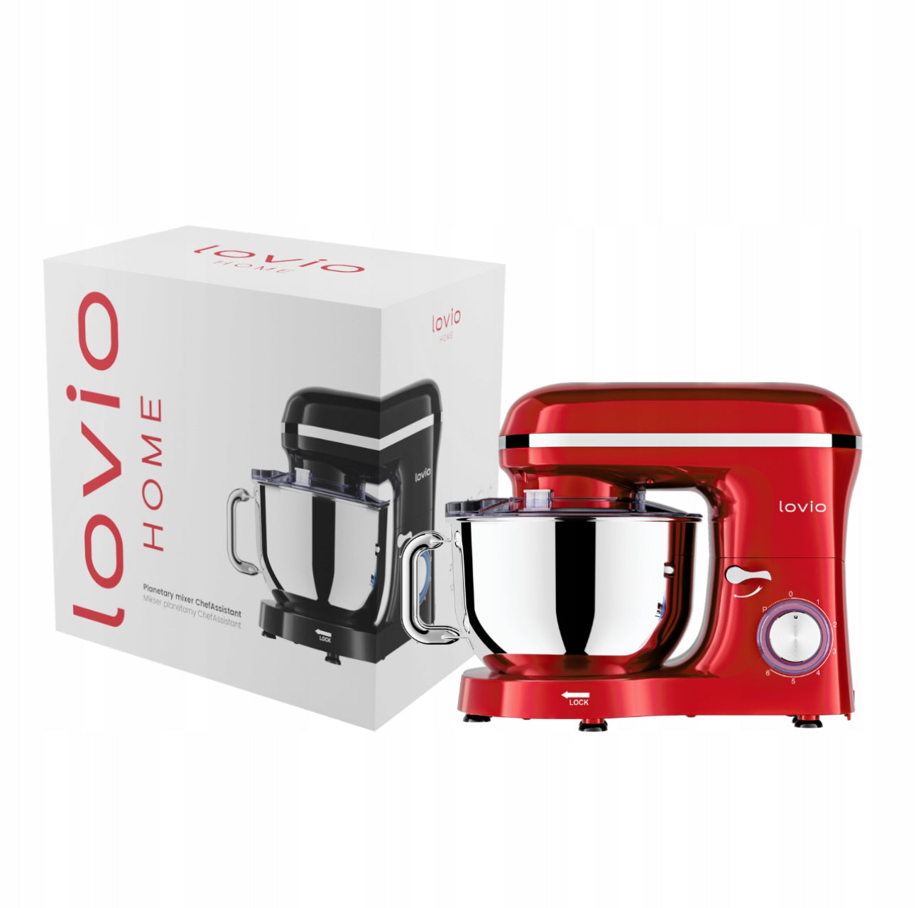 Rød kjøkkenmaskin ved siden av original eske med Lovio Home-logo