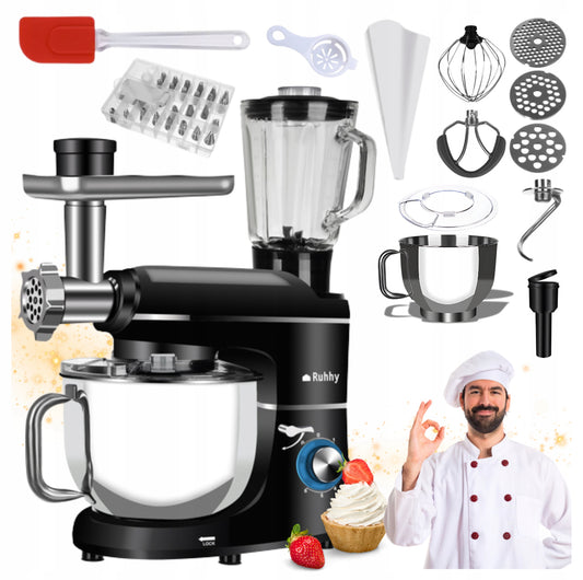 Svart kjøkkenmaskin med blender og kjøttkvern samt tilbehør på hvit bakgrunn