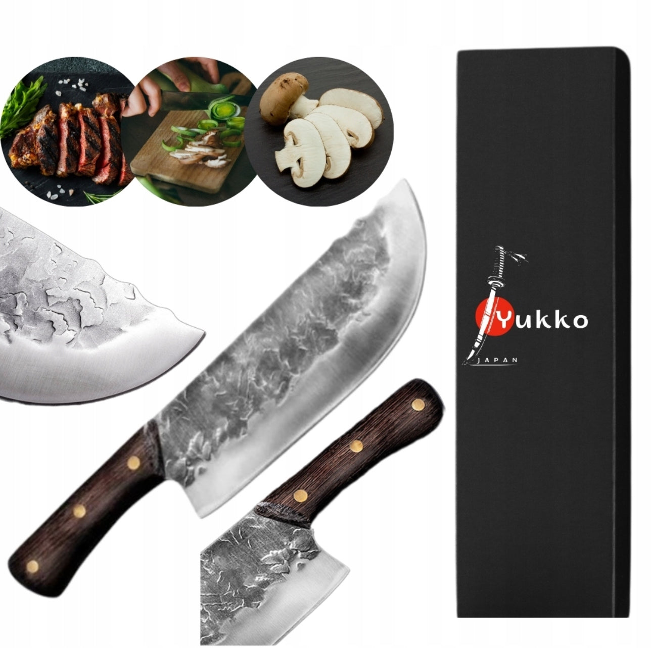 Japansk kokkekniv med håndbanket blad og trehåndtak, vist med gaveeske