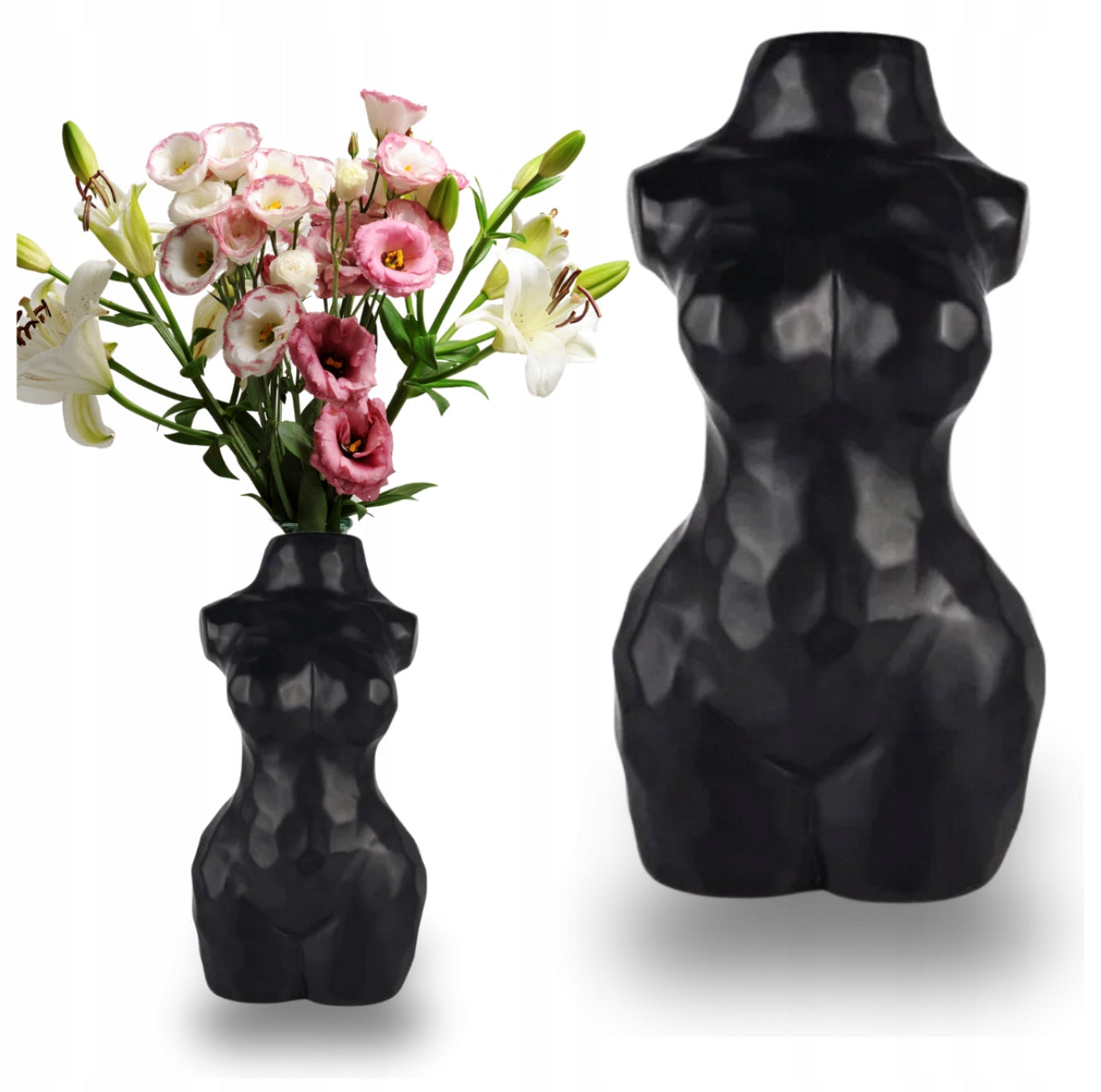 Sort dekorativ vase formet som kvinnetorso i moderne stil
