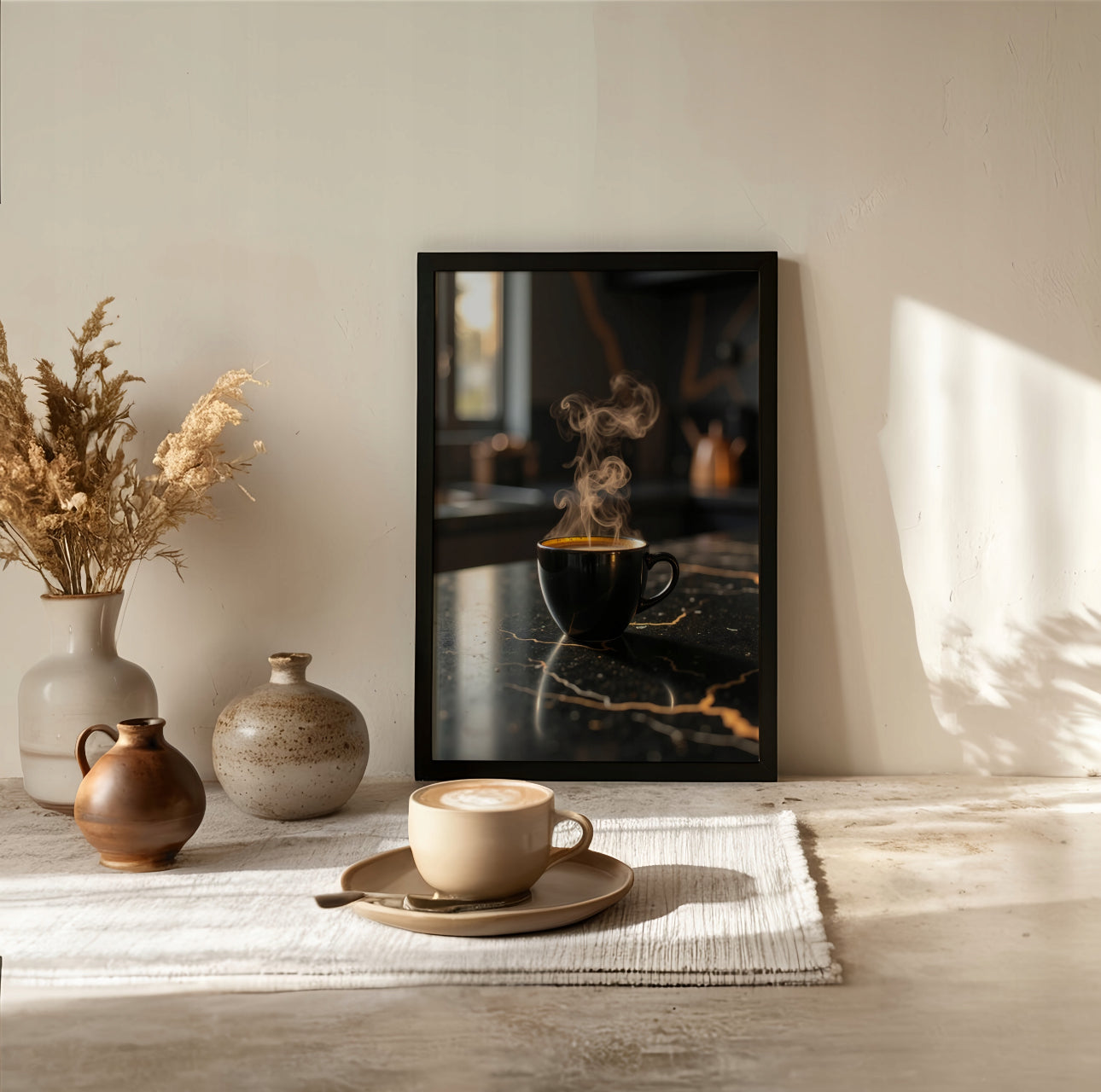 Svart og gull kunstplakat med kaffebønner og kopp, moderne innredning til hjemmekafé