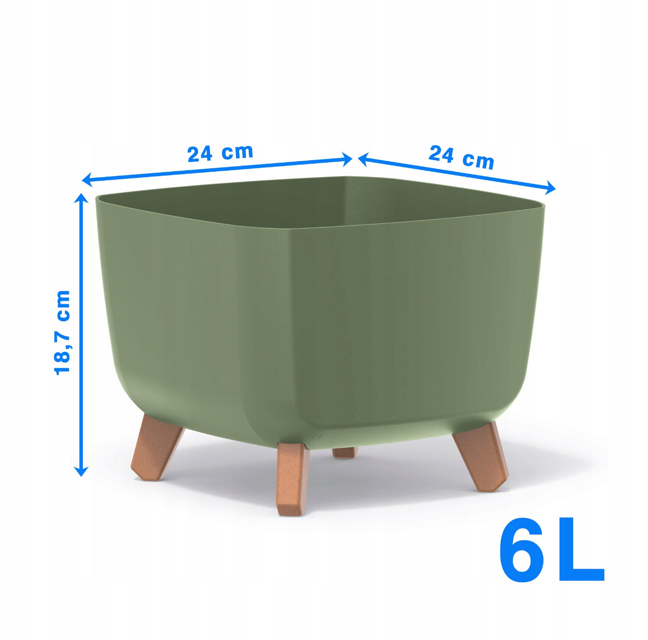 Grønn blomsterpotte på ben i treimitasjon, 24x24x18,7 cm, laget av slitesterk plast med innebygd dreneringssystem – ideell til både innendørs og utendørs bruk.
